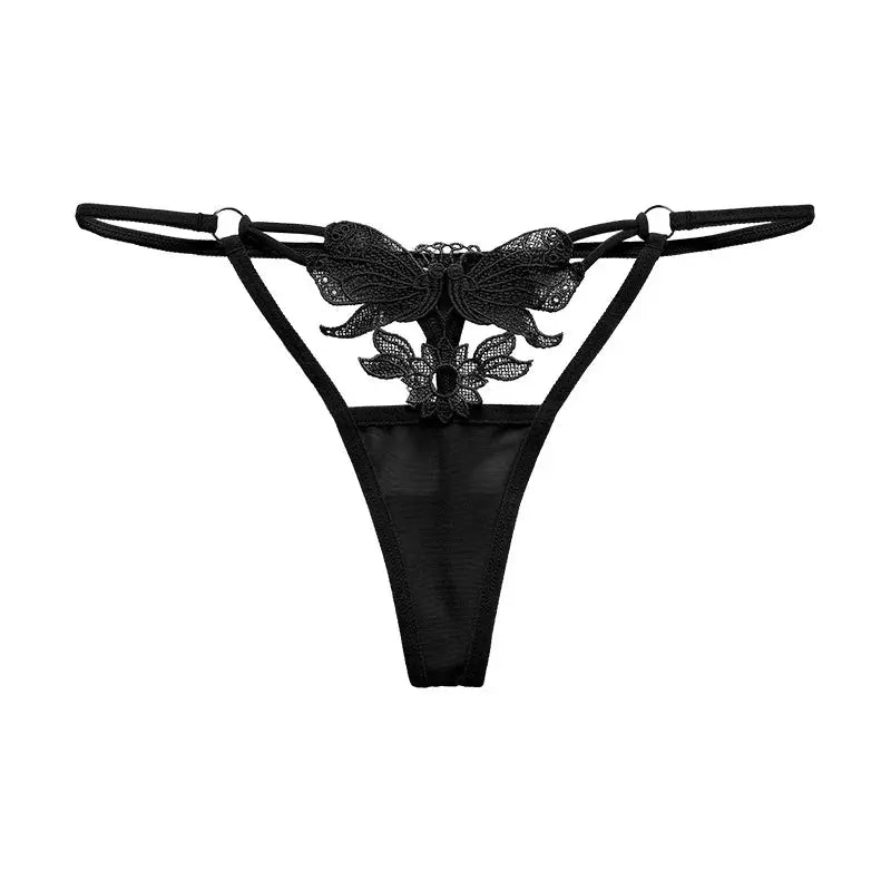 Bellvian black butterfly lace string panties featuring decorative embroidered butterfly motif, luxury strappy construction and flattering feminine fit, premium women's lingerie perfect for romantic occasions, honeymoon collections, anniversary gifts and luxury intimate fashion shopping, ideal present for wife, girlfriend or bride in the UK.