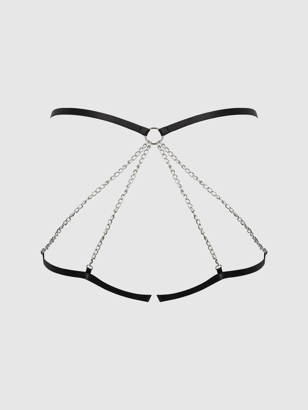 Technical design illustration of a black chain detail open back lingerie panty featuring decorative chain accents, strappy construction and a luxury intimatewear design. Ideal for women seeking modern sexy lingerie and premium underwear.