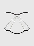Technical design illustration of a black chain detail open back lingerie panty featuring decorative chain accents, strappy construction and a luxury intimatewear design. Ideal for women seeking modern sexy lingerie and premium underwear.