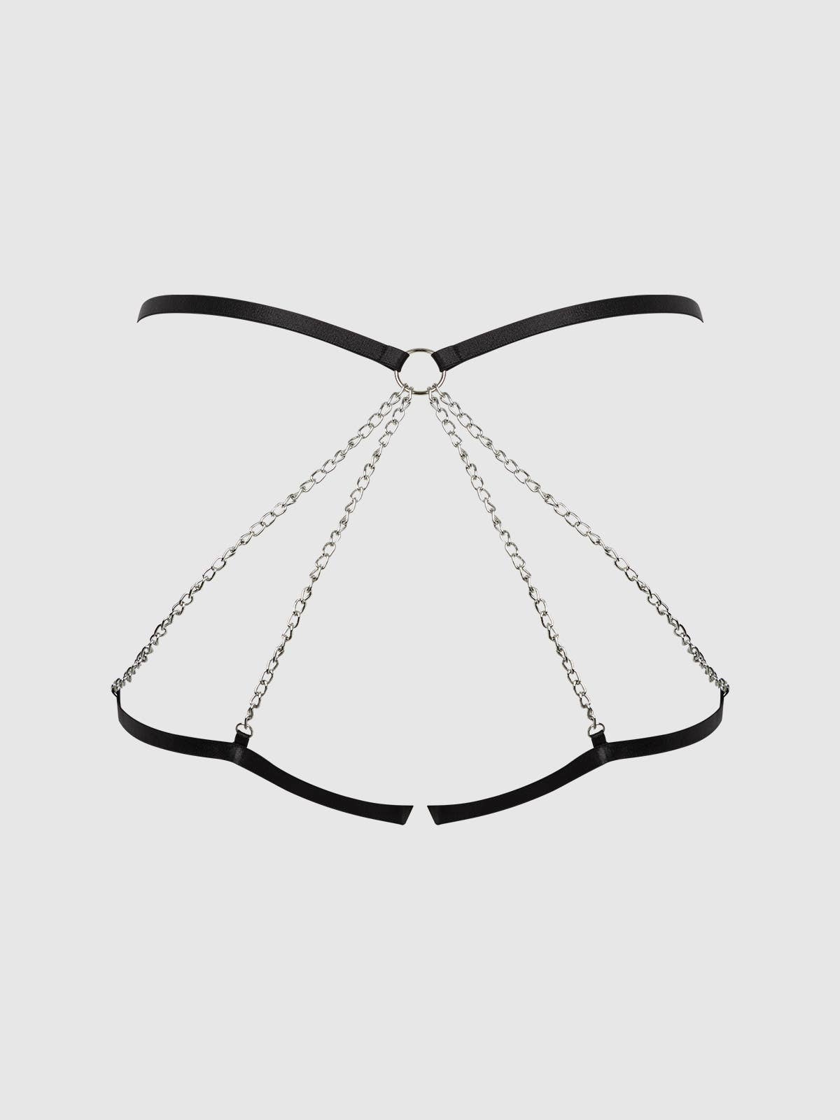 Technical design illustration of a black chain detail open back lingerie panty featuring decorative chain accents, strappy construction and a luxury intimatewear design. Ideal for women seeking modern sexy lingerie and premium underwear.