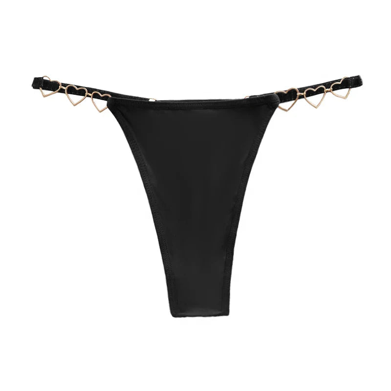 Black chain side thong product image featuring elegant metallic heart accents and a sleek luxury lingerie design. Ideal for women seeking premium underwear, romantic lingerie and sexy gifts for special occasions.