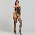 Bellvian black floral lace bodystocking for women UK featuring open crotch fishnet lingerie with attached stockings and sheer mesh design. Luxury sexy lingerie for date night, honeymoon lingerie, bridal lingerie, wedding night outfit, Valentine's Day gift for girlfriend, anniversary gift for wife, romantic bedroom wear and confidence boosting lingerie front full body view.