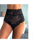 Front view of Bellvian black high waist lace brief featuring elegant floral lace fabric, premium feminine craftsmanship and flattering tummy coverage, luxury women's lingerie designed for confidence, comfort and romance, ideal for luxury underwear collections, honeymoon wardrobes and intimate fashion shopping throughout the UK.