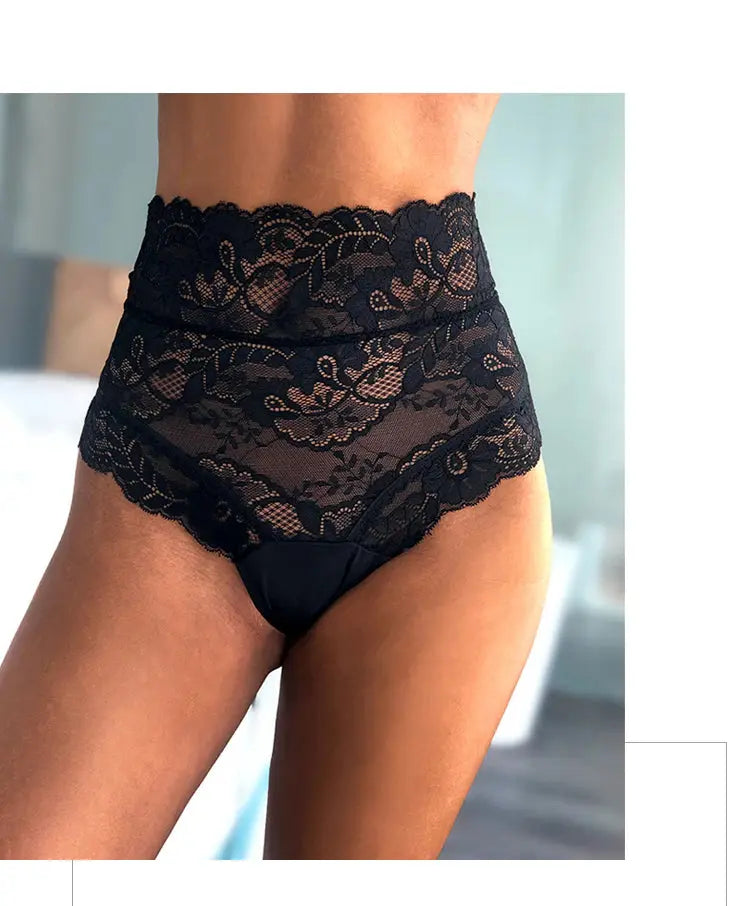 Front view of Bellvian black high waist lace brief featuring elegant floral lace fabric, premium feminine craftsmanship and flattering tummy coverage, luxury women's lingerie designed for confidence, comfort and romance, ideal for luxury underwear collections, honeymoon wardrobes and intimate fashion shopping throughout the UK.