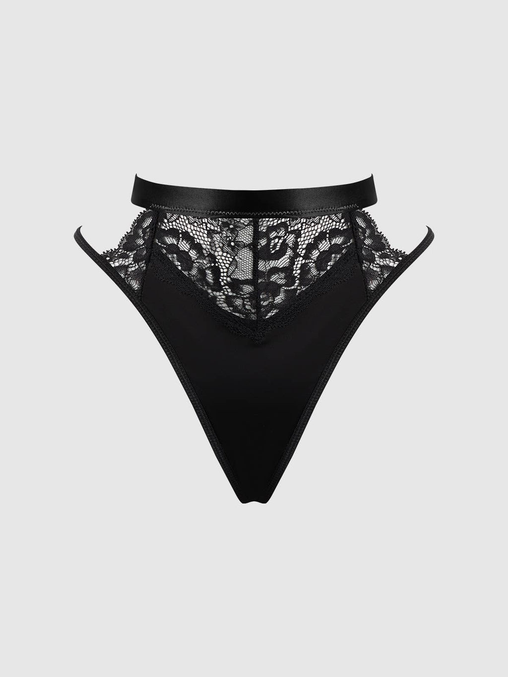 Technical front view of black high waist lace thong lingerie featuring floral lace detailing and a flattering fit, ideal for women looking for sexy underwear, luxury lingerie, romantic intimatewear and special occasion lingerie.