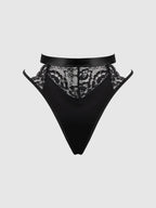 Technical front view of black high waist lace thong lingerie featuring floral lace detailing and a flattering fit, ideal for women looking for sexy underwear, luxury lingerie, romantic intimatewear and special occasion lingerie.
