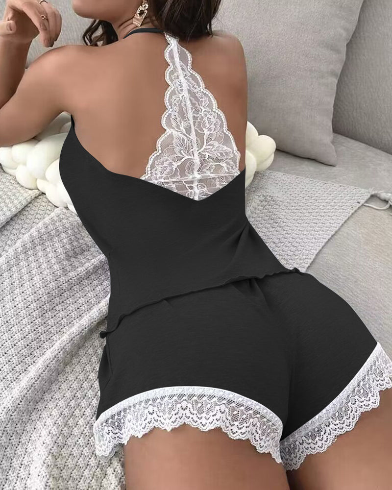 Bellvian black lace back short pyjama set featuring sexy open back lace panel soft comfy sleepwear feminine cami top and matching shorts cozy lounge homewear romantic valentines pyjamas gift for girlfriend and luxury soft girl aesthetic UK