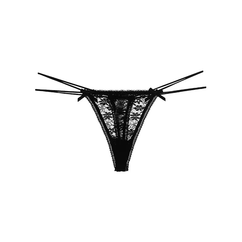 Black floral lace thong displayed in a clean product image showcasing elegant craftsmanship, delicate bow details and a flattering luxury fit. A stylish lingerie essential for women looking for premium underwear, sexy lingerie and romantic lingerie.