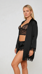 Bellvian black lace camisole and satin shorts pajama set featuring luxury satin robe romantic sleepwear anniversary gift for wife gift for girlfriend elegant ladies nightwear and premium loungewear UK