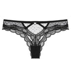 Black Bellvian lace cut out thong underwear featuring premium floral lace and a flattering low rise fit. This timeless lingerie style is popular among women looking for sexy underwear, luxury lingerie and confidence boosting everyday essentials.