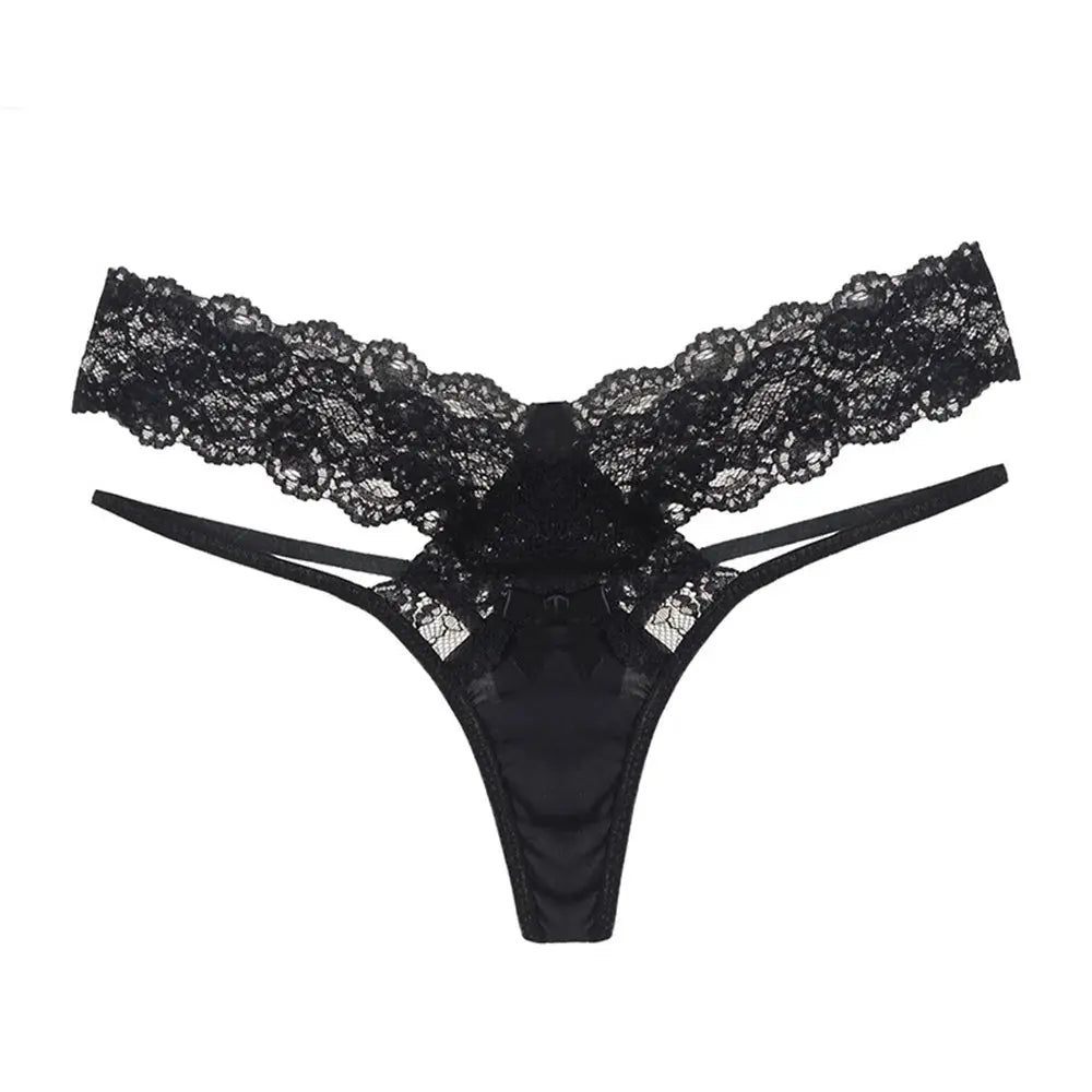 Bellvian black lace double strap thong featuring floral lace fabric, seductive cut out construction and elegant strappy waistband, luxury women's underwear designed for intimate moments, confidence and premium comfort, perfect gift for wife, girlfriend or partner, ideal for anniversary gifts, Valentine's lingerie, honeymoon collections and luxury intimate fashion shopping throughout the UK.