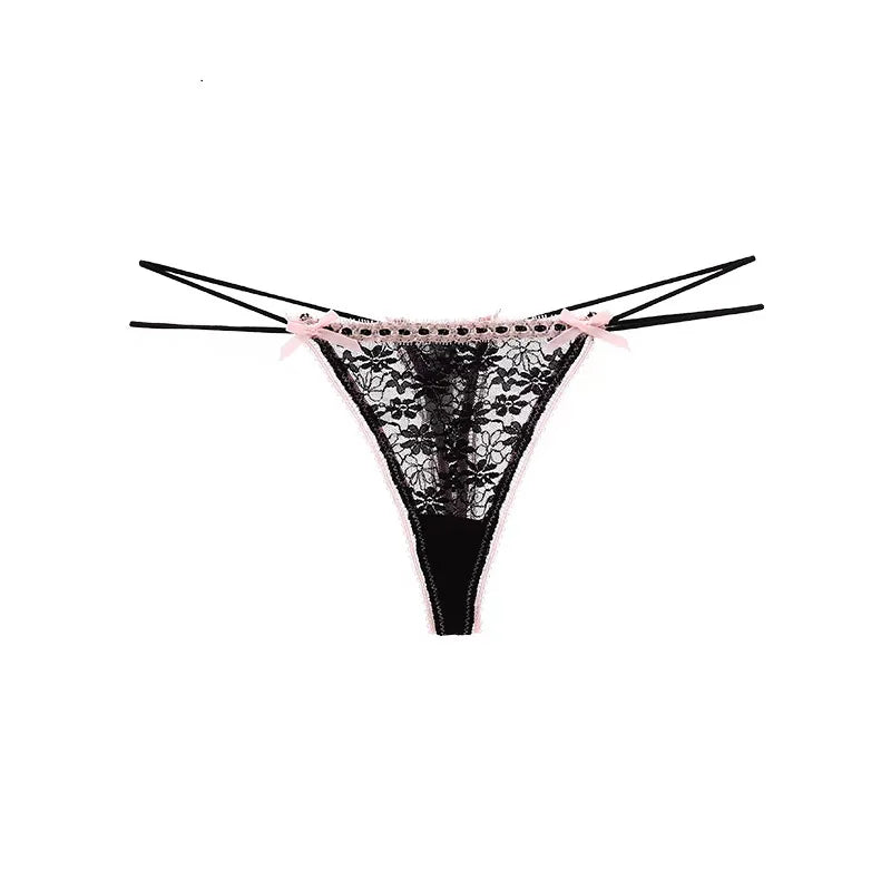 Black lace double strap thong product image featuring floral lace detailing, delicate ribbon accents and a luxury feminine design. Ideal for women seeking sexy underwear, romantic lingerie, luxury lingerie and premium gifts for special occasions.
