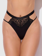 Black high waist lace thong lingerie with elegant floral lace panel and flattering silhouette, designed for women seeking luxury lingerie, sexy underwear, romantic intimatewear and confidence boosting lingerie for date nights, anniversaries and honeymoon occasions.