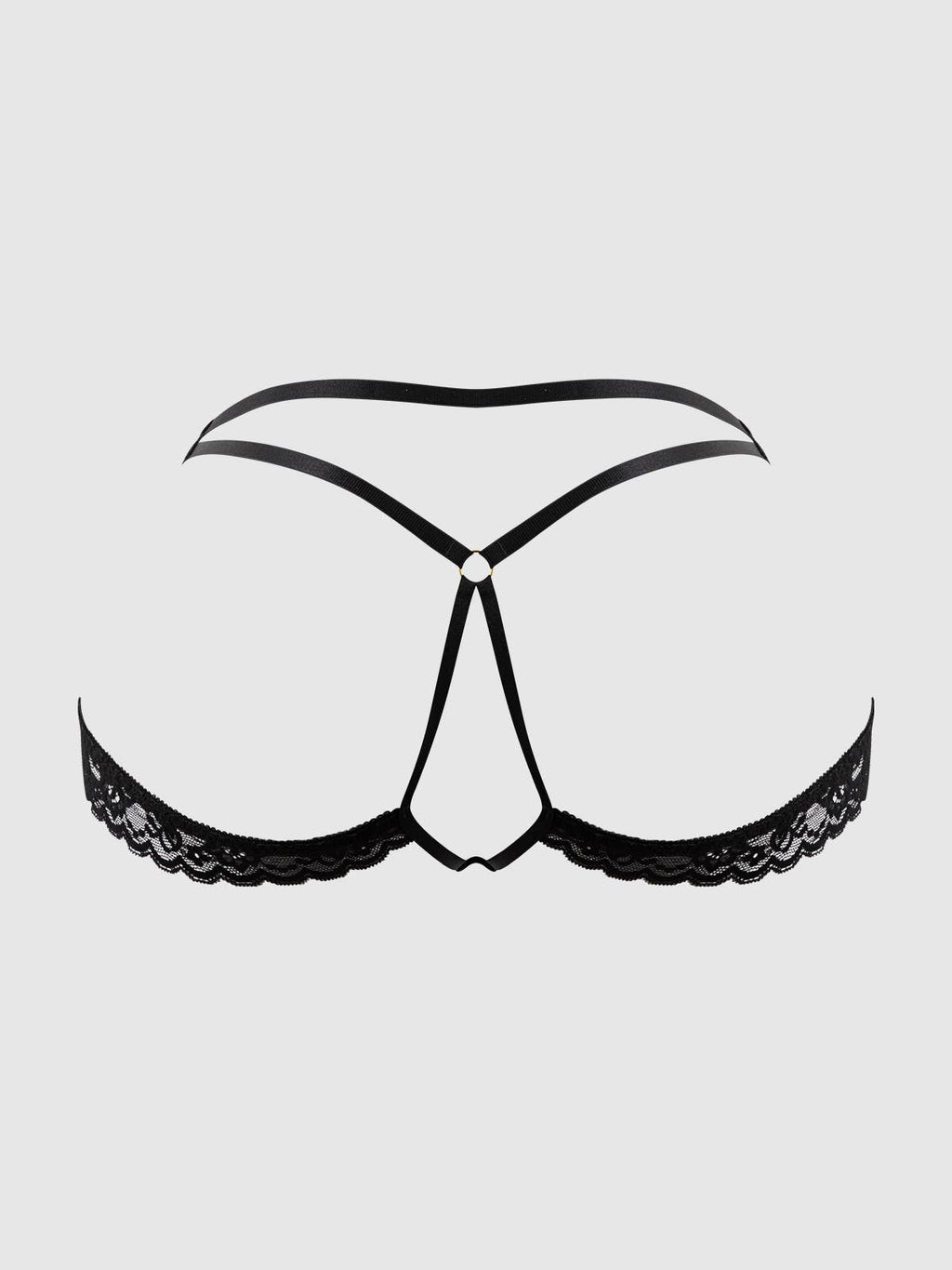 Black lace open back panty shown from the rear in a clean product image highlighting the unique cut out design, elegant lace trim and flattering silhouette. Perfect for honeymoon lingerie collections, anniversary gifts, romantic lingerie and luxury underwear shoppers.