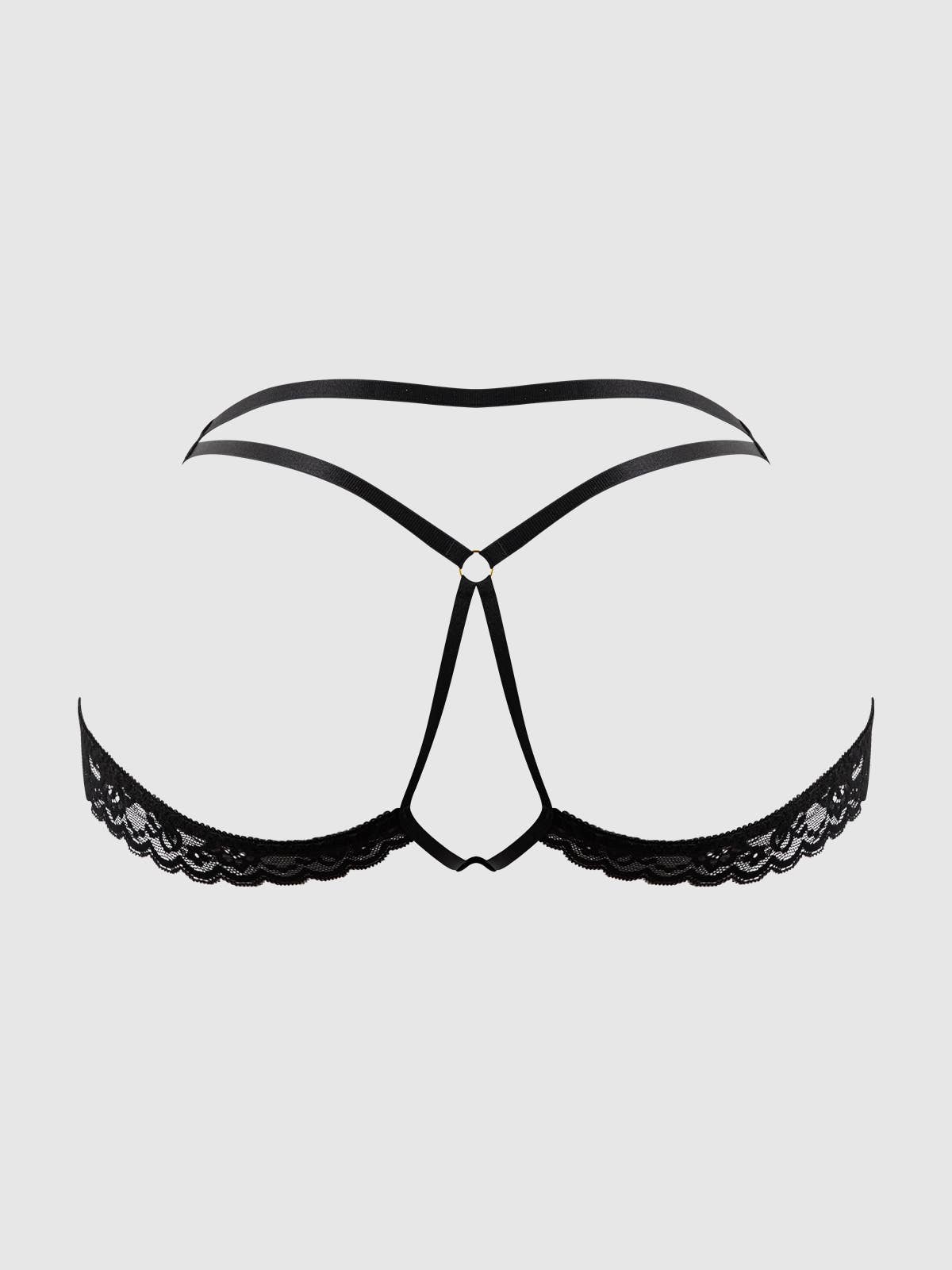 Black lace open back panty shown from the rear in a clean product image highlighting the unique cut out design, elegant lace trim and flattering silhouette. Perfect for honeymoon lingerie collections, anniversary gifts, romantic lingerie and luxury underwear shoppers.