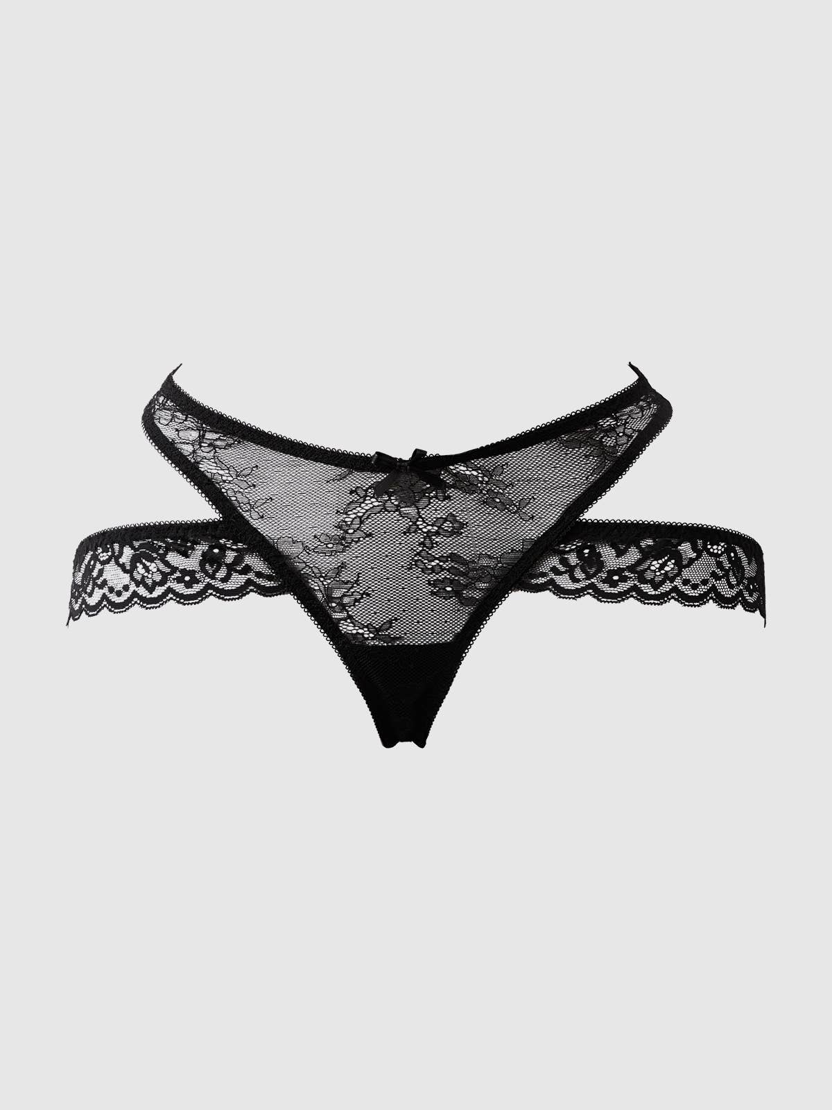 Black lace open back panty product image featuring delicate floral lace detailing, soft feminine styling and a seductive luxury lingerie design. Ideal for women seeking premium underwear, sexy lingerie, romantic lingerie and luxury intimatewear in the UK.