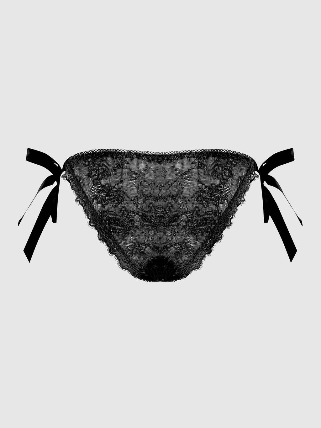 Bellvian black lace side tie bikini panty product image featuring floral lace fabric and elegant satin ribbon bows, luxury sexy lingerie designed for women seeking romantic underwear, perfect gift for wife, girlfriend or bride, ideal for honeymoon lingerie collections, bridal lingerie shopping, anniversary presents, Valentine's Day gifts and premium luxury underwear wardrobes.