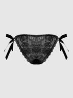 Bellvian black lace side tie bikini panty product image featuring floral lace fabric and elegant satin ribbon bows, luxury sexy lingerie designed for women seeking romantic underwear, perfect gift for wife, girlfriend or bride, ideal for honeymoon lingerie collections, bridal lingerie shopping, anniversary presents, Valentine's Day gifts and premium luxury underwear wardrobes.