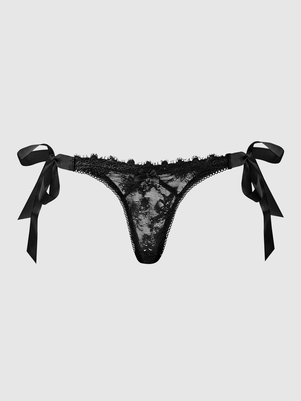 Bellvian black lace side tie thong featuring sheer floral lace and luxury satin ribbon bows, premium sexy lingerie designed for confident women who love elegant intimate fashion, ideal romantic gift for her, perfect for honeymoon nights, bridal lingerie collections, anniversary presents, Valentine's Day gifts and luxury underwear shoppers searching for sophisticated lace thong styles.