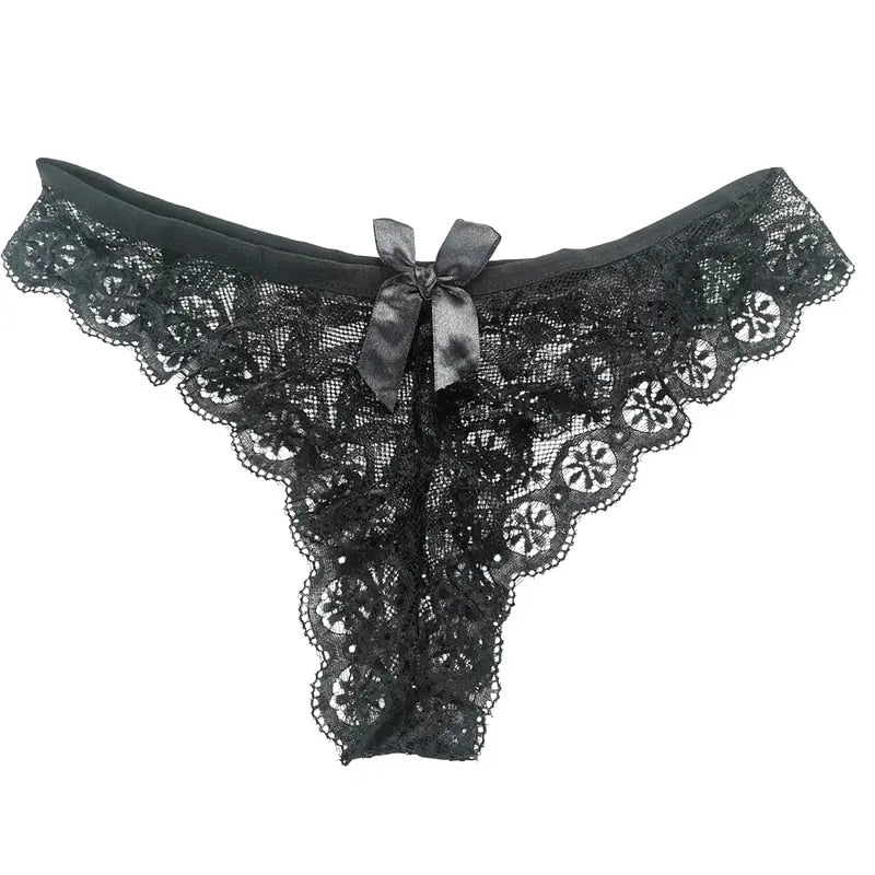 Bellvian black lace thong with a satin bow centre detail and intricate floral lace pattern, combining feminine elegance with everyday comfort, ideal for romantic occasions, anniversaries and shoppers looking for luxury lingerie gifts for her.