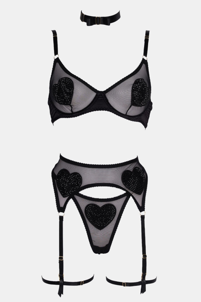Bellvian black mesh bra thong and garter set featuring sheer lingerie design sexy luxury intimate wear romantic valentines lingerie anniversary gift for wife honeymoon lingerie boudoir fashion bedroom styling and elegant feminine lingerie collection for women UK