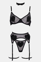 Bellvian black mesh bra thong and garter set featuring sheer lingerie design sexy luxury intimate wear romantic valentines lingerie anniversary gift for wife honeymoon lingerie boudoir fashion bedroom styling and elegant feminine lingerie collection for women UK