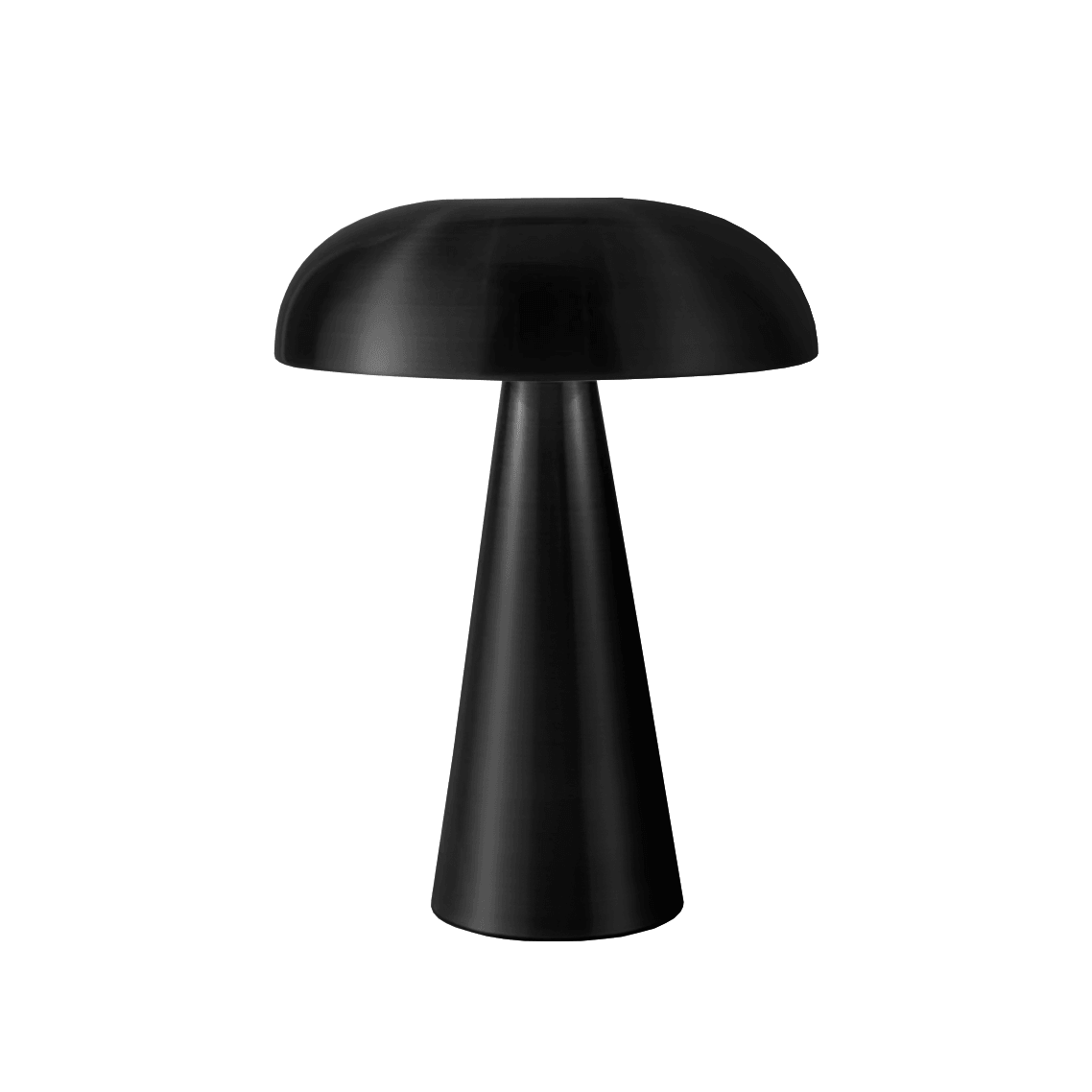 Matte black mushroom LED table lamp with smooth finish; dimmable, touch on/off and rechargeable battery for contemporary interiors.