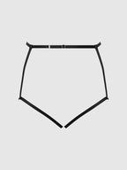 Rear technical illustration of a black open back chain lingerie panty highlighting the unique strappy silhouette, chain details and luxury lingerie styling. Perfect for women looking for sexy underwear, luxury intimatewear and statement lingerie pieces.