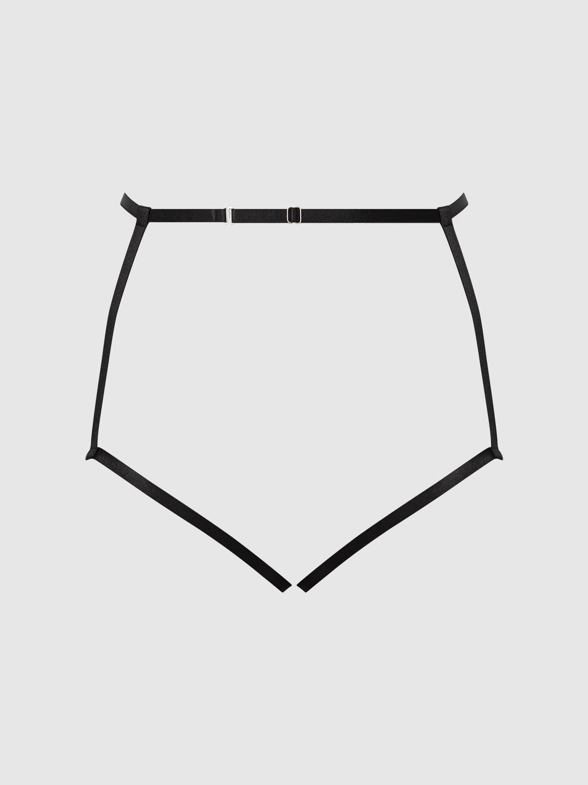 Rear technical illustration of a black open back chain lingerie panty highlighting the unique strappy silhouette, chain details and luxury lingerie styling. Perfect for women looking for sexy underwear, luxury intimatewear and statement lingerie pieces.