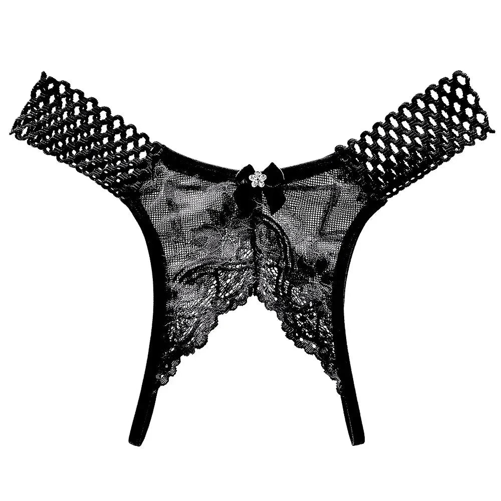 Bellvian black open crotch lace knickers featuring delicate floral detailing, designed for women seeking luxury sexy lingerie for date nights, anniversaries and romantic occasions, while also making a thoughtful gift for a wife, girlfriend or partner.