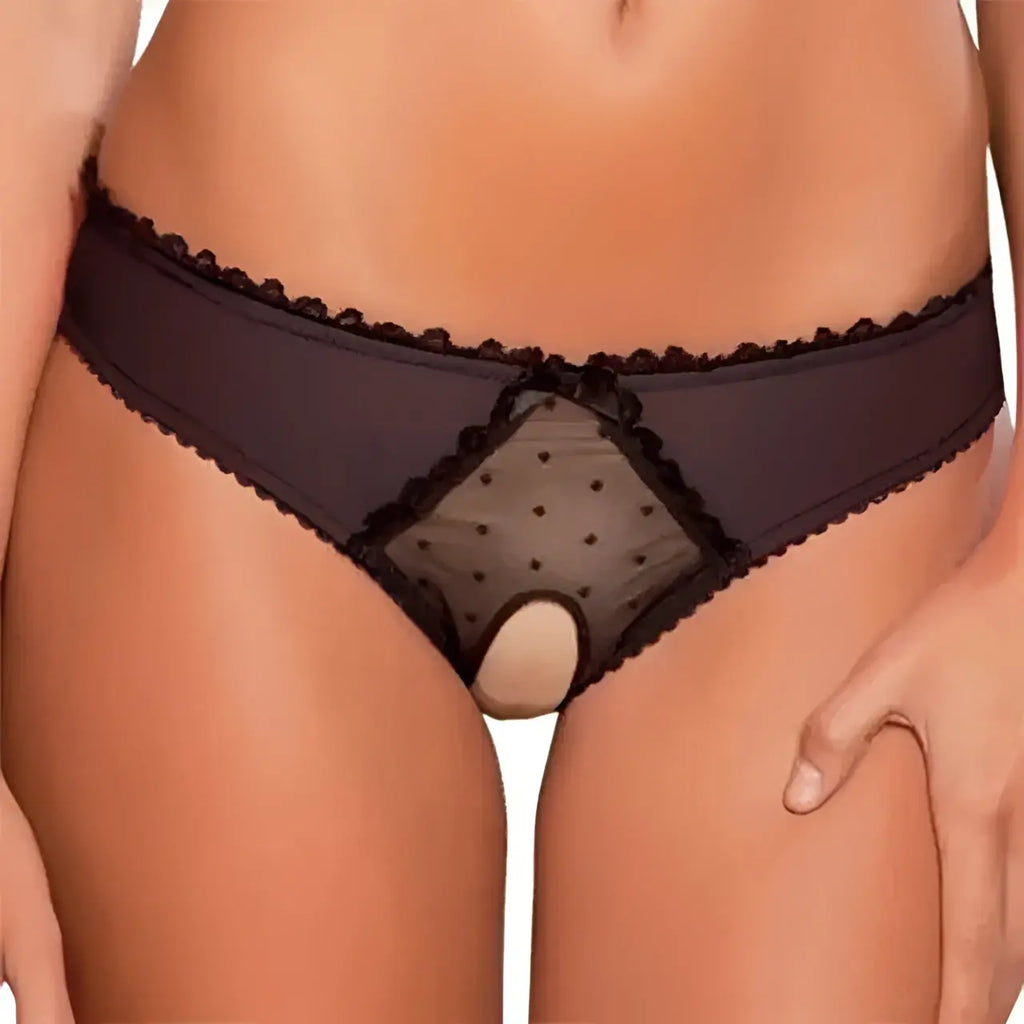 Bellvian black open gusset knickers with a sheer mesh front panel and delicate feminine trim, created for women who appreciate elegant sexy lingerie for date nights and romantic occasions, while making a thoughtful anniversary or Valentine's gift for someone special.