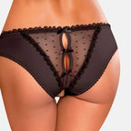 Bellvian black open gusset knickers with sheer polka dot mesh panels and feminine lace trim, designed for women looking for elegant sexy lingerie for romantic evenings and date nights, while also appealing to shoppers searching for an anniversary gift, Valentine's present or thoughtful gift for a wife or girlfriend in the UK.