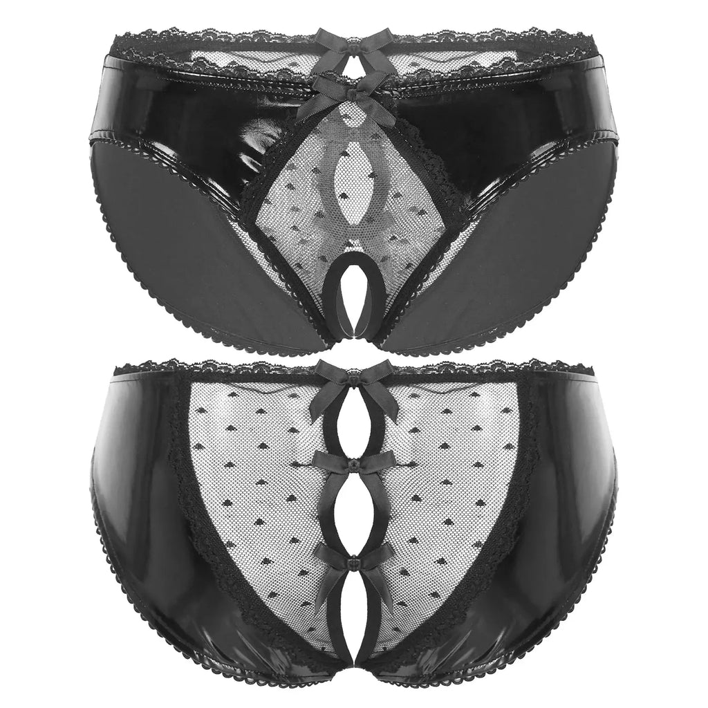 Bellvian™ black patent leather and sheer mesh open crotch panties shown from front and back, combining seductive styling with elegant lingerie details, ideal for women searching for sexy lingerie, luxury underwear, honeymoon lingerie and romantic intimate wear suitable for special occasions and meaningful gifts.