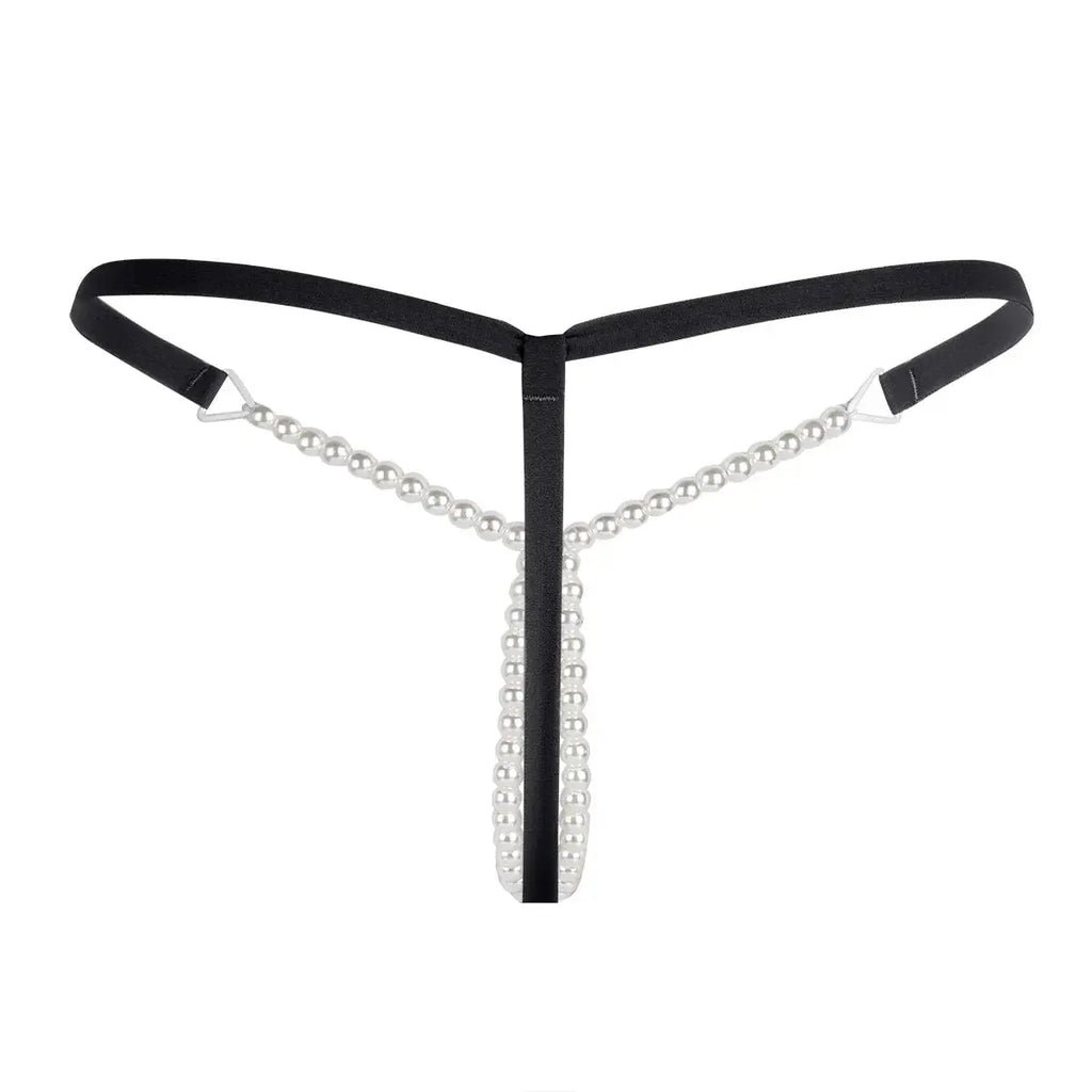 Front view of Bellvian black pearl chain thong featuring elegant pearl detailing, adjustable straps and minimalist luxury design, premium women's lingerie created for romance, confidence and intimate fashion styling, perfect gift for wife, girlfriend or bride, ideal for honeymoon lingerie wardrobes, anniversary gifts and luxury underwear shopping throughout the UK.