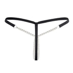 Front view of Bellvian black pearl chain thong featuring elegant pearl detailing, adjustable straps and minimalist luxury design, premium women's lingerie created for romance, confidence and intimate fashion styling, perfect gift for wife, girlfriend or bride, ideal for honeymoon lingerie wardrobes, anniversary gifts and luxury underwear shopping throughout the UK.