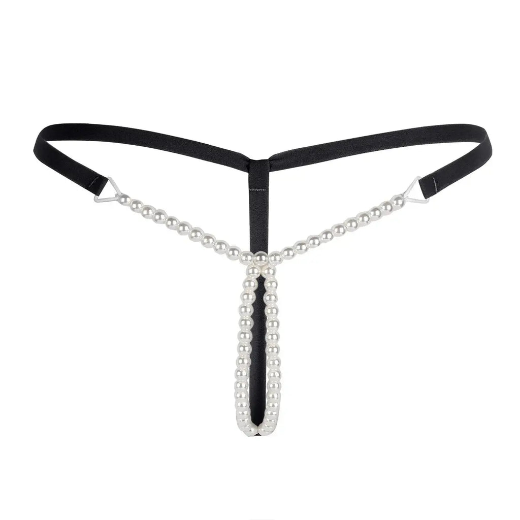 Bellvian black pearl open crotch thong featuring elegant pearl chain detailing, adjustable straps and seductive minimalist design, luxury sexy lingerie created for confidence, intimacy and romantic occasions, premium women's intimate underwear perfect for wife, girlfriend or partner, ideal gift for anniversaries, Valentine's Day, honeymoon lingerie collections, bridal lingerie wardrobes and luxury lingerie shopping across the UK.