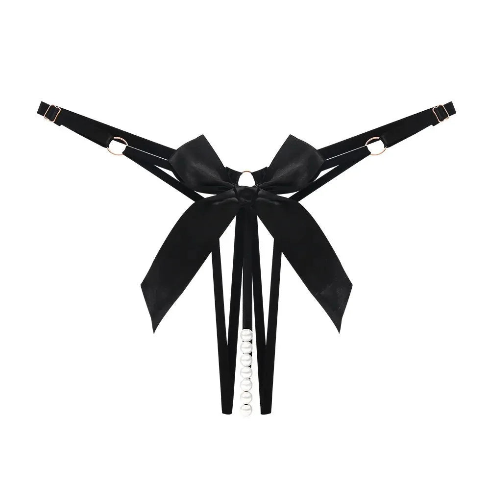 Bellvian black pearl string thong with a dramatic satin bow and pearl embellishments, combining a seductive silhouette with elegant detailing, making it ideal for date nights, anniversaries and luxury lingerie gifting.