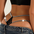 Bellvian™ black lace thong panties shown from the back with sparkling rhinestone straps and a flattering minimal coverage design, created for women looking for sexy lingerie, luxury underwear and confidence boosting intimate wear, ideal for romantic nights, honeymoon wardrobes, anniversary gifts and special occasions that call for elegant lingerie.