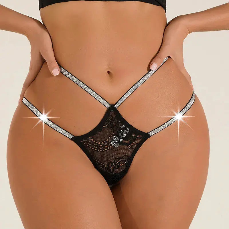 Bellvian™ black lace thong panties featuring sparkling rhinestone double straps, delicate floral lace detailing and a flattering high leg silhouette, designed for women seeking sexy lingerie, luxury intimate wear and confidence boosting underwear, perfect for romantic evenings, honeymoon lingerie collections, anniversary celebrations and thoughtful gifts for wives, girlfriends or partners who appreciate elegant and seductive lingerie.