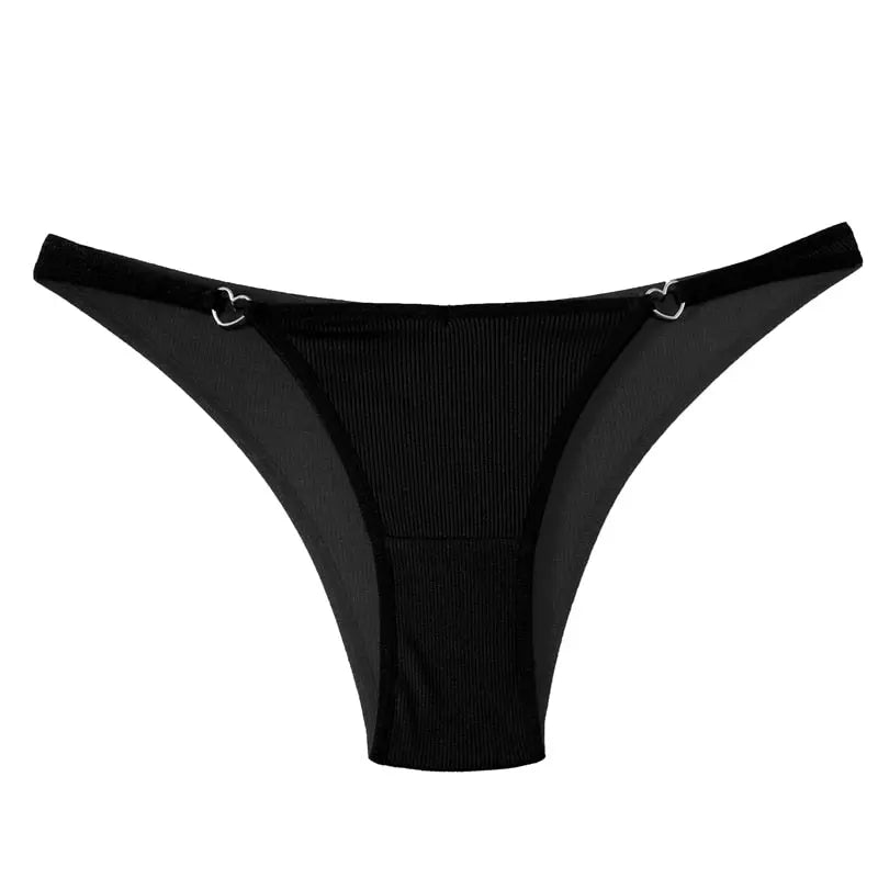 Bellvian black ribbed thong panties featuring sleek minimalist styling, luxury stretch fabric and elegant gold ring side accents, premium women's underwear designed for confidence, comfort and romantic appeal, ideal gift for wife, girlfriend or partner, perfect honeymoon lingerie and anniversary gifting across the UK.
