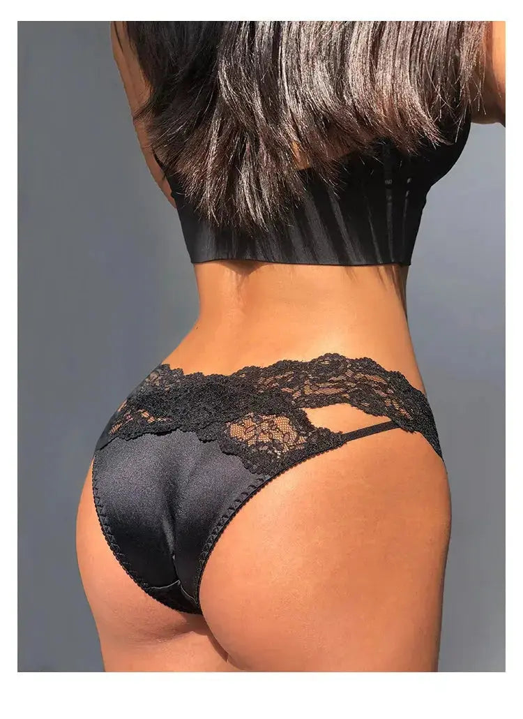 Close back view of Bellvian black satin lace brief showcasing elegant floral lace trim, silky satin fabric and luxury feminine styling, premium women's lingerie crafted for romance, confidence and comfort, perfect gift for wife, girlfriend or bride, ideal for bridal lingerie collections, honeymoon wardrobes, Valentine's Day gifts and luxury underwear lovers across the UK.