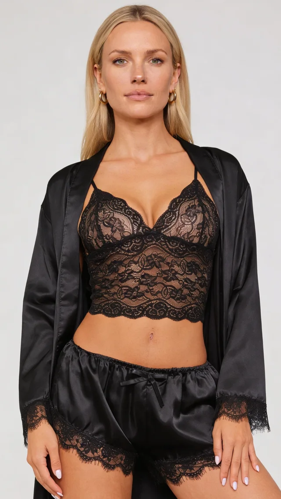 Bellvian black satin pajama set featuring luxury satin robe lace camisole matching shorts elegant romantic nightwear anniversary gift for wife gift for girlfriend luxury loungewear and premium ladies sleepwear UK