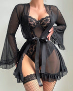 Bellvian black sheer bodysuit and robe set for women featuring sexy see through mesh lingerie transparent floral lace bodysuit seductive luxury babydoll robe romantic honeymoon sleepwear valentines lingerie anniversary gift for wife glamorous feminine bedroom fashion elegant intimate nightwear and luxury bridal inspired lingerie aesthetic UK