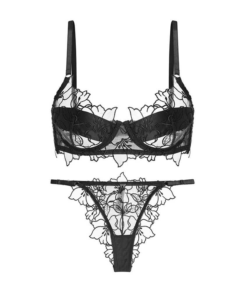 Bellvian black sheer bra and thong lingerie set with transparent floral embroidery sexy luxury underwear romantic valentines lingerie anniversary gift for girlfriend seductive honeymoon intimates and glamorous feminine bedroom fashion UK
