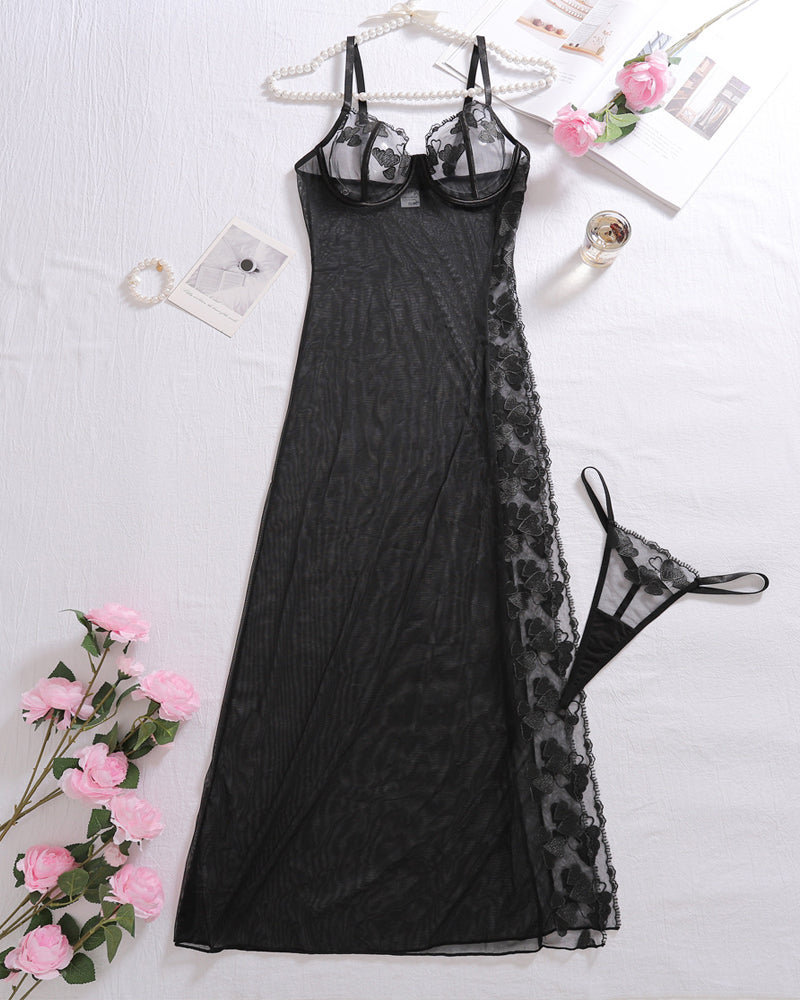 Bellvian black sheer mesh maxi nightdress and thong lingerie set flatlay featuring transparent sexy babydoll sleepwear floral embroidered bra cups romantic honeymoon lingerie valentines gift for wife luxury feminine bedroom fashion and elegant see through nightwear aesthetic UK