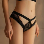 Bellvian black strappy lace brief panties featuring intricate floral lace fabric, decorative strap detailing and a flattering front silhouette, luxury romantic lingerie offering elegance, comfort and confidence, perfect for Valentine's gifts, anniversary celebrations and sophisticated intimate fashion collections in the United Kingdom.