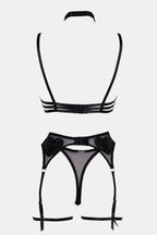 Bellvian black strappy lingerie set back design featuring adjustable suspender straps mesh lingerie construction luxury intimate wear sexy boudoir styling romantic bedroom fashion valentines gift for girlfriend and honeymoon lingerie aesthetic UK