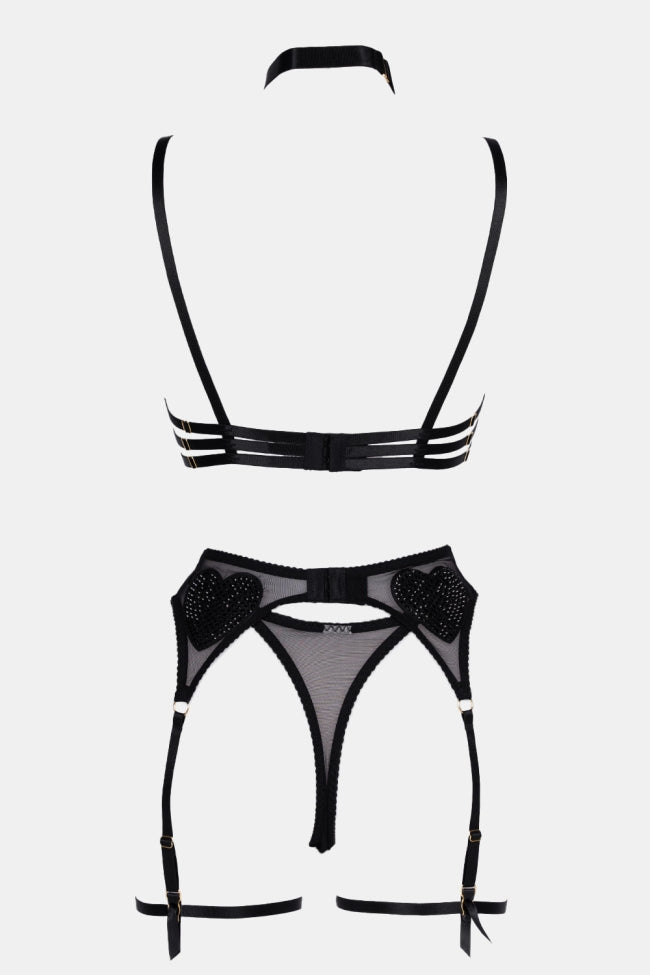 Bellvian black strappy lingerie set back design featuring adjustable suspender straps mesh lingerie construction luxury intimate wear sexy boudoir styling romantic bedroom fashion valentines gift for girlfriend and honeymoon lingerie aesthetic UK