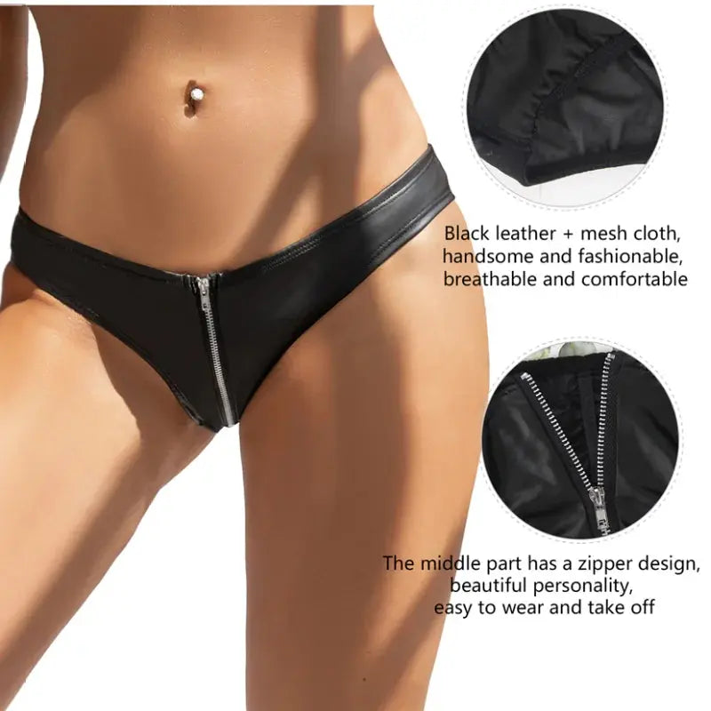 Close up detail of Bellvian black faux leather lingerie panties highlighting the decorative front zipper, smooth finish and premium craftsmanship. A stylish choice for women seeking luxury lingerie, sexy underwear, anniversary gifts and fashion forward intimate wear with a modern edge.