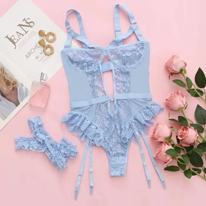Bellvian blue floral lace teddy lingerie set featuring garter bodysuit matching straps luxury bridal lingerie honeymoon lingerie wedding night lingerie romantic intimate wear anniversary gift for wife and elegant boudoir fashion UK